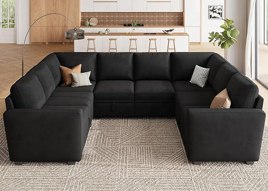 HONBAY Modular Sectional Couch with Storage, Velvet U-Shaped Sectional Sofa with Storage Ottoman Convertible U-Shaped Sofa for Living Room, Black