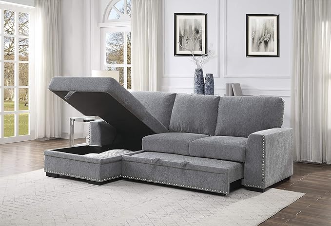 Lexicon Mid Century Modern Sectional Sleeper Sofa Bed Couch with Storage Chaise, Sectional Sofa Pull Out Couch Bed, Sectional Couch Lounge Sofa for Living Room Apartment, Left Side Chaise, Gray
