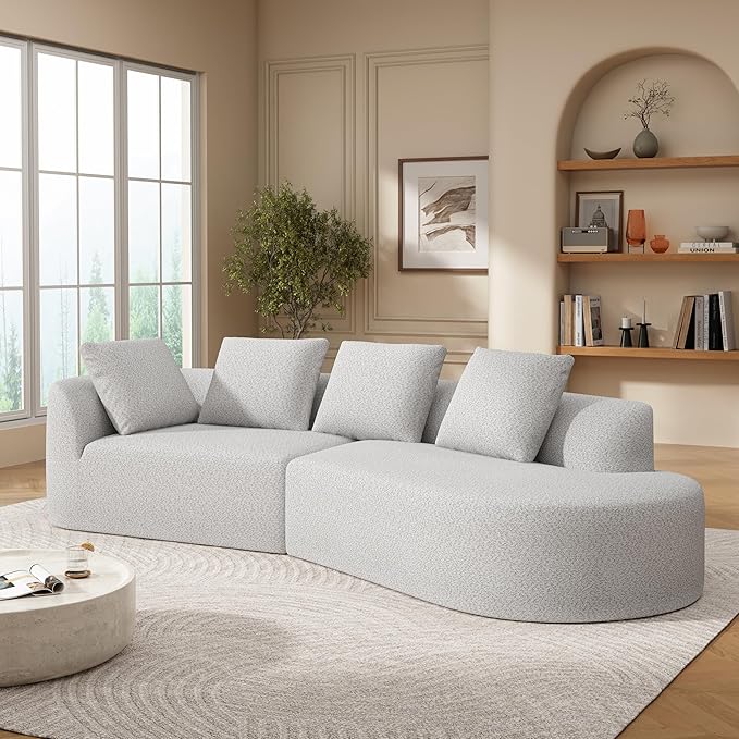 Merax 116" Curved Polyester Sectional Sofa, Modern Pearl Upholstery 3 Seat Cloud Couch with Chaise Lounge & 4 Pillows for Living Room, White+Gray