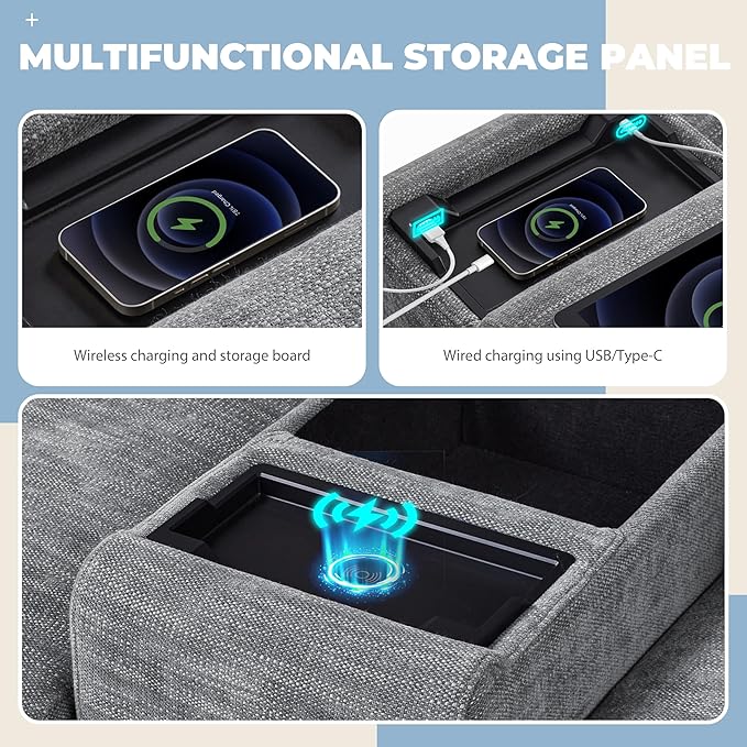 124" L-Shaped Corner Sectional Sofa with Multi-Functional Storage Console for Home Apartment, Luxury Chenille Upholstered Cloud Couches W/Wireless Charger & Ottoman
