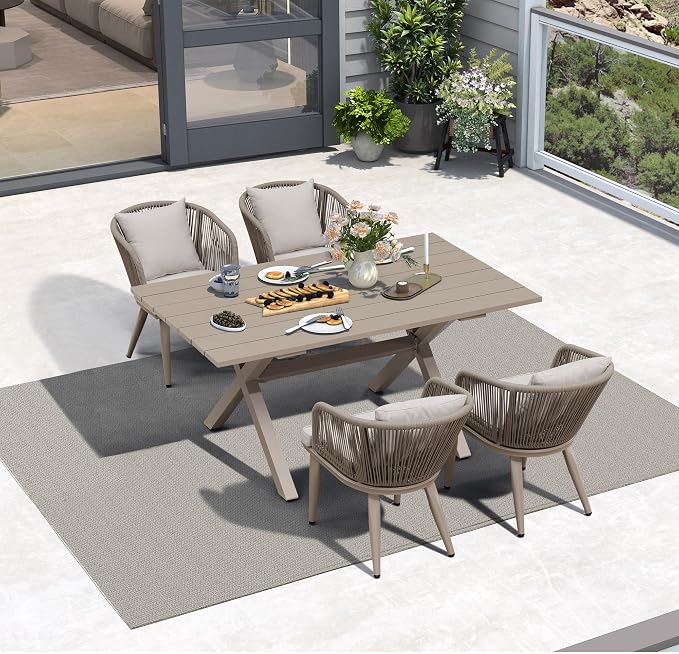 PURPLE LEAF 5 Pieces Patio Dining Set Wicker Outdoor Furniture Rectangular Table and Chairs Set for Garden Deck Aluminum Frame Backyard Kitchen Set, Cushions and Pillows Included Champagne by PURPLELEAF