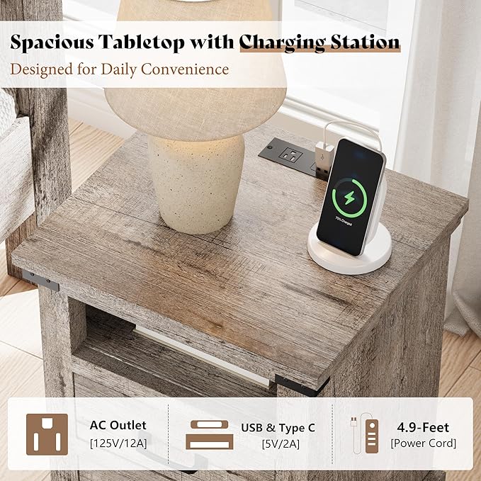 AMERLIFE 5 Pieces Farmhouse Bedroom Set, Includes Rustic Queen Bed Frame with 54" Tall Headboard, 6 Drawer Dresser, 5 Drawer Tall Chest, Nightstands Set of 2 with Charging Station, Rustic Grey