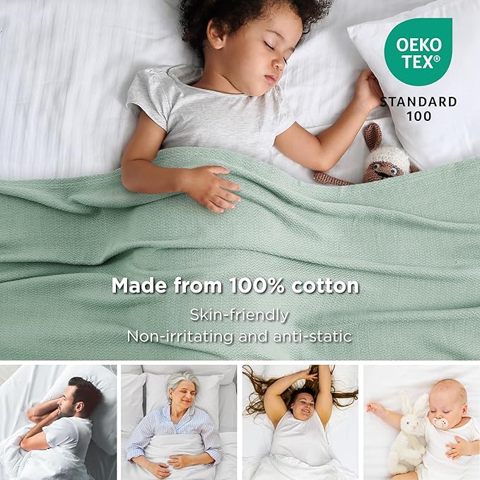 Bedsure GentleSoft 100% Cotton Blanket Full Size for Bed - Breathable and Lightweight, Soft Cozy Textured Herringbone Woven Blanket for Summer Spring, Sage Green, 80x90 inches