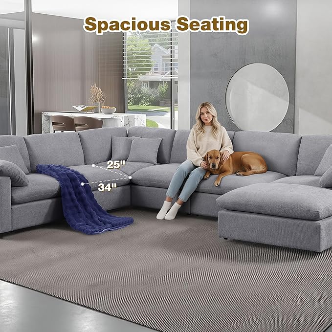 144-Inch Oversized L-Shaped Corner Sectional Cloud Sofa,Modern 7 Seat Modular Cloud Sofa Luxury Convertible Couch with 6 Pillows and Movable Ottoman for Living Room