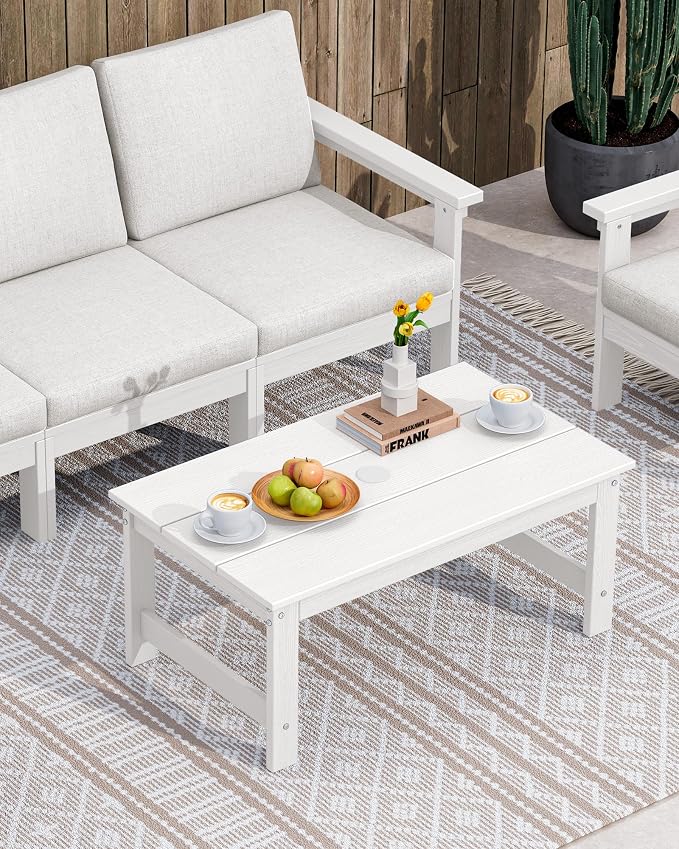 SERWALL HDPE Patio Coffee Table, Rectangle Outdoor Coffee Table, All-Weather Coffee Side Table for Balcony, Poolside, Deck, Garden, White - Image 2