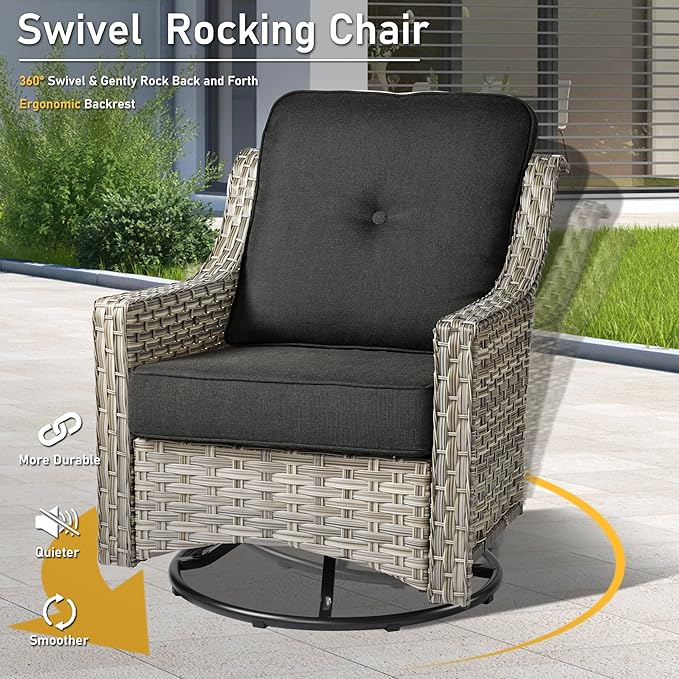 HOOOWOOO 5 Piece Patio Furniture Conversation Sets with Swivel Rocking Chairs,Outdoor Wicker Furniture with LED Tablet,All Weather Resistant High Back Rattan Conversational Set(Black)