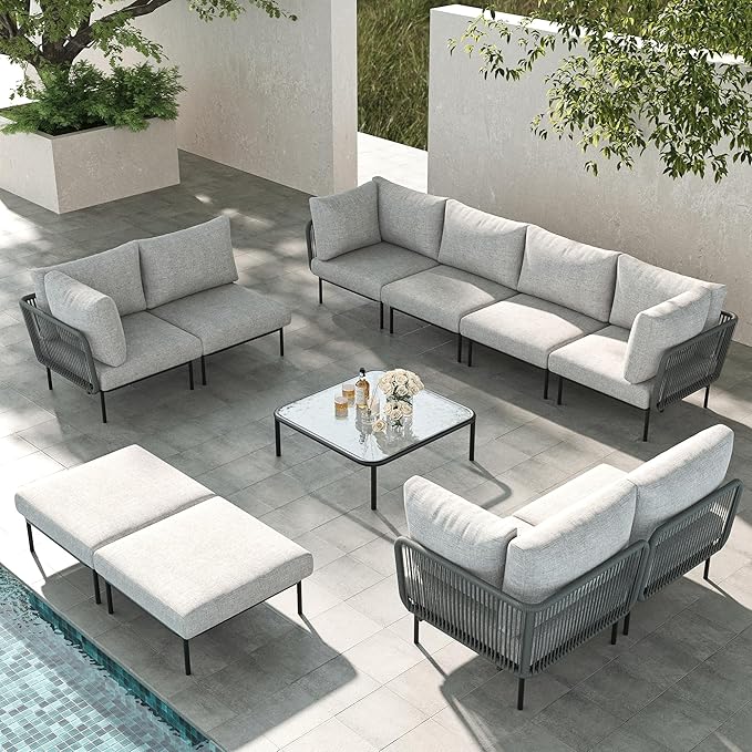 LayinSun 11 Pieces Aluminum Patio Furniture Set, Modern Modular Sectional Sofa with Coffee Table and Upgrade Thickness Cushion