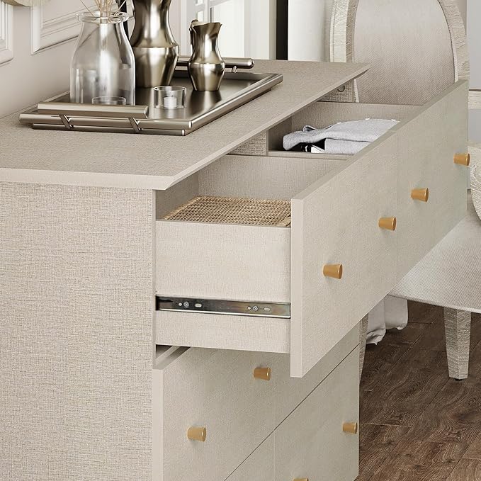 WAMPAT Dresser and Nightstands 3 Pieces, Wooden Dresser with 6 Drawers, Set of 2 Night Stands with Charging Stations, Bedroom Chest of Drawers and Wood Bedside Tables Set, Beige Linen Textured