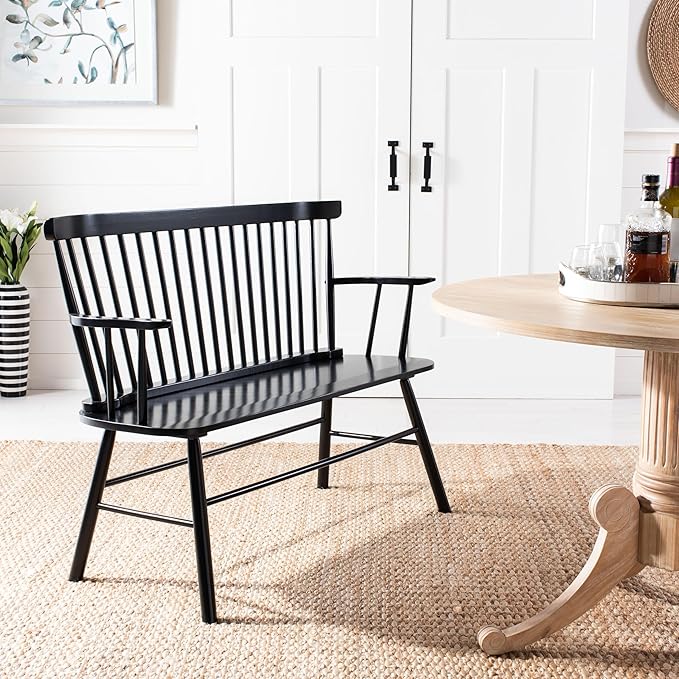 SAFAVIEH Home Collection – Addison Black Solid Wood Spindle Back Loveseat Bench, Farmhouse Settee for Entryway Living Room or Dining Area (AMH8513A)