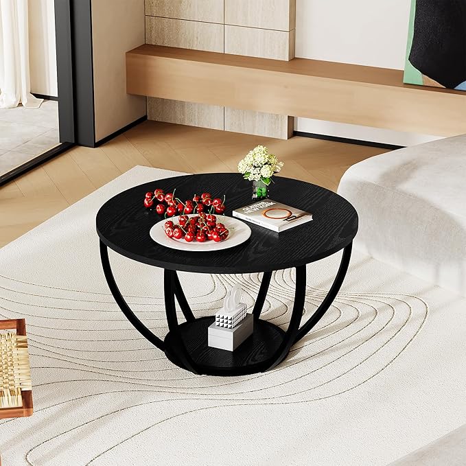 HOMERECOMMEND Round Coffee Table,Wooden 2-Tier Circle Coffee Tables with Storage Shelves,Accent Center Table for Living Room, Sofa Table for Home Office, Black