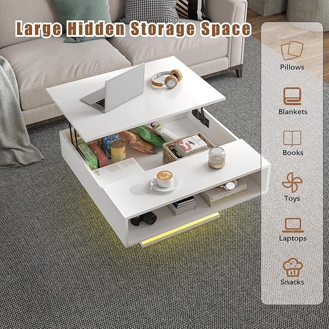 30.7" Lift Top Coffee Table with Storage, Square White Led Coffee Table with Large Hidden Storage, Wood Living Room Table Led Center Table for Dining Reception Room