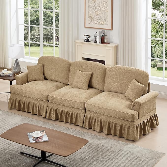 KEIKI Mid Century Modular Sofa with Flared Arms and Skirted Design, 107” Oversized 3-Seater Chenille Sectional Couches for Living Room, Apartment Size Couch, Home Sofa Bedroom Furniture, Light Coffee
