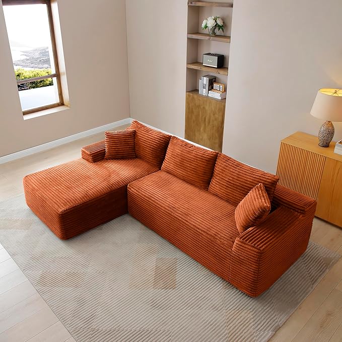 105-Inch L-Shaped Left Facing Corner Compressed Sofa Modular Sectional Boneless Cloud Sofa Floor Foam Couch with Chaise Lounge, Corduroy Corner Boneless Cloud Couch
