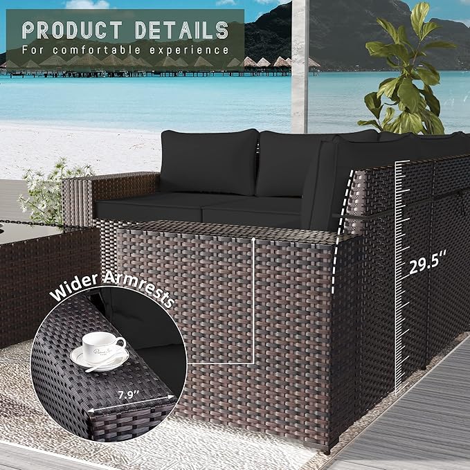 13 PCS Outdoor Patio Furniture Set,Outdoor Sectional Furniture with 43" 55000 BTU Gas Propane Fire Pit Table,All Weather PE Rattan Wicker Patio Conversation Set,Black