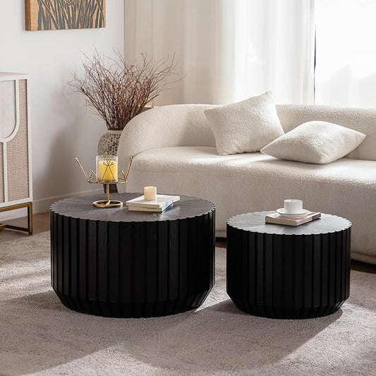 kevinplus 46.46'' Black Round Nesting Coffee Table Set of 2, Modern Circle Fluted Drum Coffee Table for Living Room, No Assembly, Black