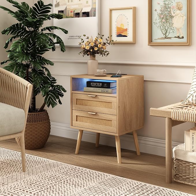 Halitaa Rattan Nightstand with Charging Station USB Port Led Lights and 2 Storage Drawers, Bedroom Furniture Night Stand Bedside Table, Rattan Side Table, End Table (1 Pack) - Image 3