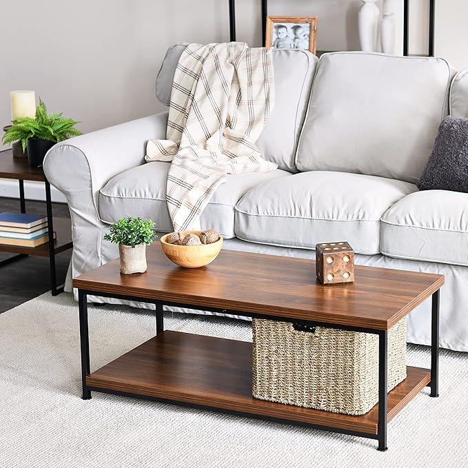 Household Essentials Jamestown Rectangular Coffee Table with Storage Shelf Mid Century Walnut Wood Grain and Black Metal
