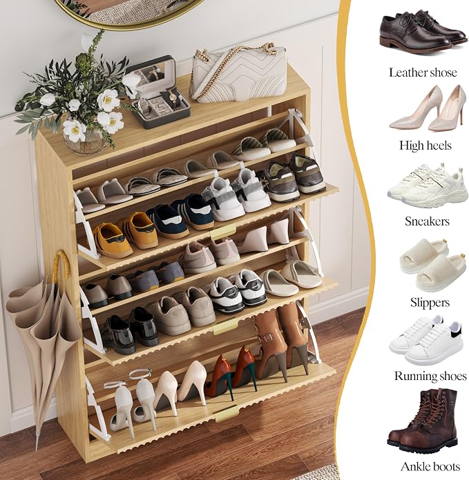 HUANLEGO Shoe Cabinet Storage for Entryway with 3 Flip Drawers, Oak Fluted Shoe Cabinet with Adjustable Shelves, Wooden Hidden Shoe Rack Freestanding Narrow Slim Shoes Storage for Hallway, Entrance - Image 3
