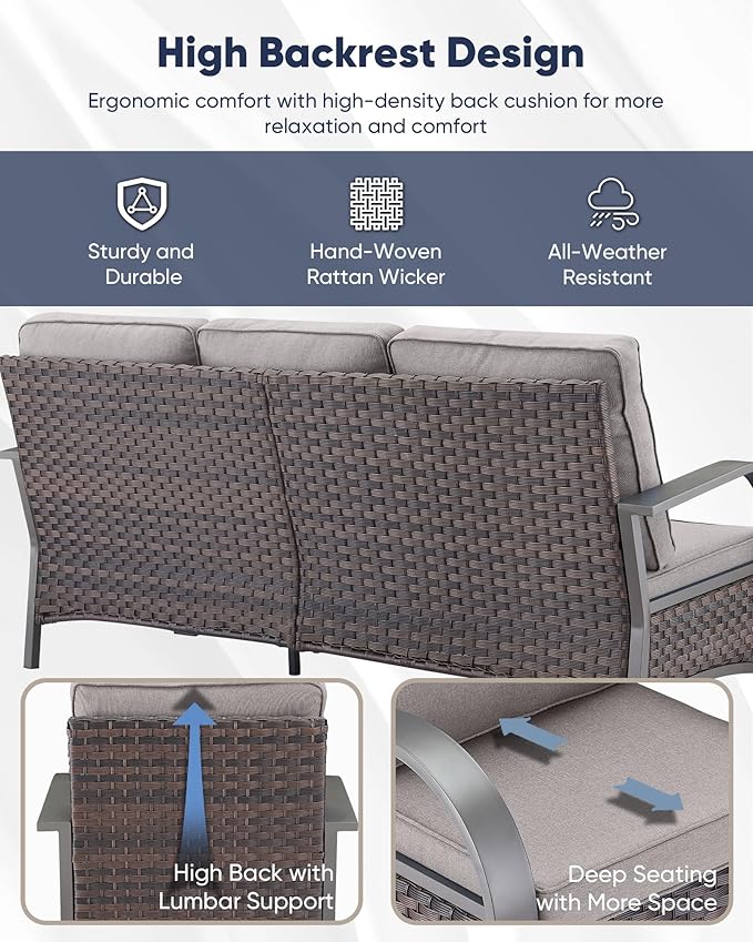 HUMMUH Outdoor Patio Conversation Furniture Sets-Deep Seating Wicker Patio Chairs with Patio Sofa Set Outdoor Patio Furniture for Deck Porch Garden Poolside Backyard-Brown/Grey