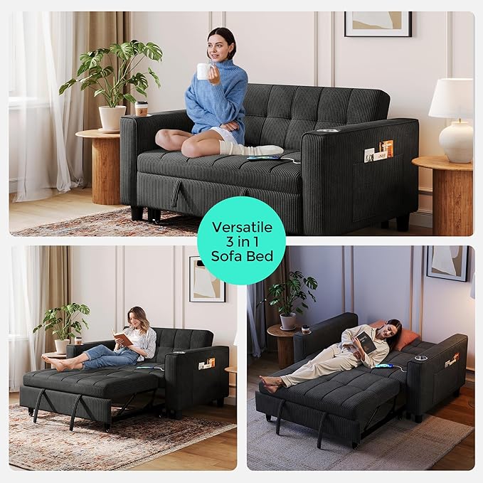 LINSY Sleeper Sofa Bed, 54" Pull Out Couch with Charging Station & Cup Holder, Small 3 in 1 Convertible Loveseat Sleeper Couch for Apartment, Dorm Room, Bedroom and Small Space, Corduroy Black