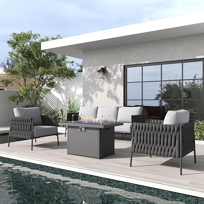 LayinSun 4 Piece Outdoor Furniture Set with Fire Pit Table, Modern Rope Woven Patio Conversation Sofa Set with Olefin Braid and Deep Seating