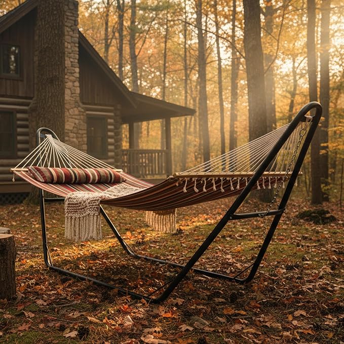 Sunnydaze Double Quilted Fabric Hammock with Universal Steel Stand - 440-Pound Capacity - Black Stand - Awning Stripe - Image 8