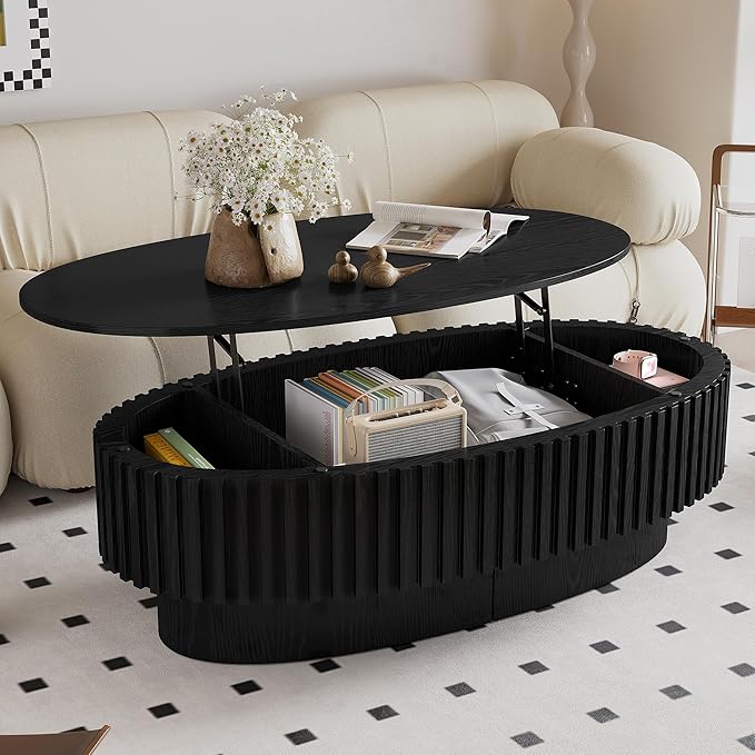 Oval Lift Top Coffee Table with Storage, Modern Drum Center Table with Hidden Compartment for Living Room, Lift Tabletop Fluted Minimalist Wood Dining Table for Home Office - Black