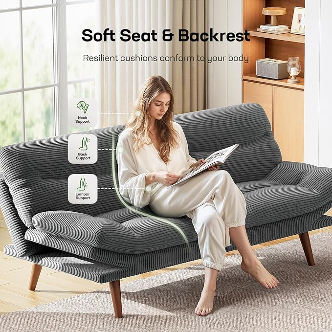 Marsail 66.1" Futon Sofa Bed, Corduroy Convertible Futon Couch with Adjustable Backrest & Armrests, Small Sleeper Sofa Loveseat for Small Apartments, Study Room, Office, Grey