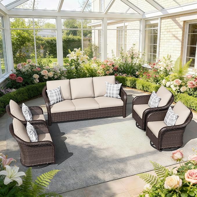 5 PCS Outdoor Conversation Set | 78" Couch, 4 Swivel Chairs, Patio Wicker Conversation Furniture with Removable Cushions for Bistro, Deck, Sunroom (Beige)