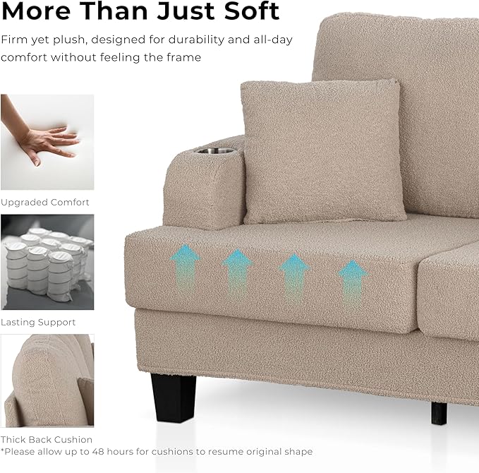 Homes: Inside + Out Reese Modern Plush Boucle Couch with Side Pockets, Cup Holders and USB Ports, Wooden Comfortable Sofa for Living Room, Bedroom and Office, Beige