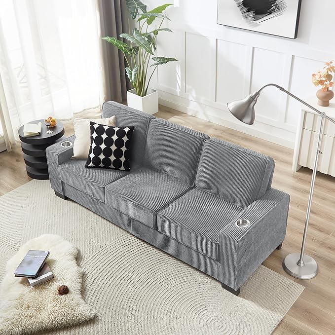 83" Modern Cloud Sofas for Living Room Bedroom, 3 Seat Modular Couch Soft Corduroy Upholstered Loveseat Couches with Cupholders for Home Apartment Office Studio