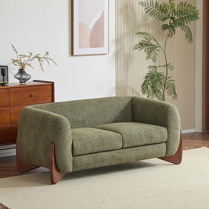 Merax 63 Inch Modern Boucle Upholstered 2-Seater Sofa, Chenille Fabric Loveseat with Solid Wood Legs, Low Profile Small Couch for Living Room, Olive Green