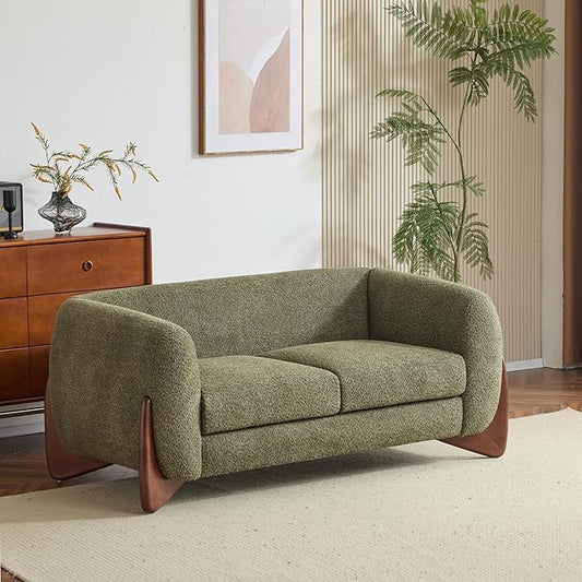 Merax 63 Inch Modern Boucle Upholstered 2-Seater Sofa, Chenille Fabric Loveseat with Solid Wood Legs, Low Profile Small Couch for Living Room, Olive Green