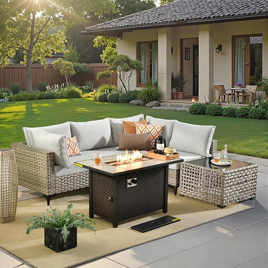 6 Pcs Patio Furniture with Fire Pit Table, Outdoor Rattan Wicker Conversation Set with Glowing Coffee Table, Comfy Sectional Sofa for Porch Balcony Backyard Pool, Light Grey