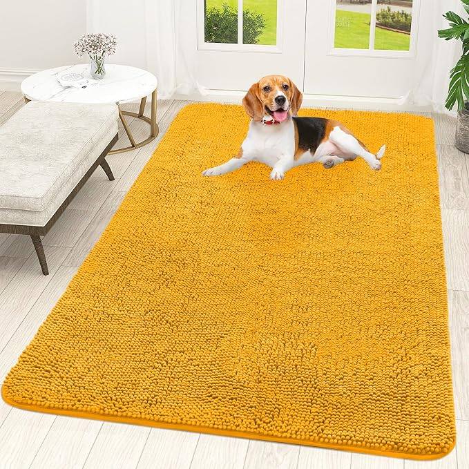 OLANLY Dog Door Mat for Muddy Paws 59x35, Absorbs Moisture and Dirt, Absorbent Non-Slip Washable Doormat, Quick Dry Chenille Mud Mat, Entry Indoor Entryway Carpet for Inside Floor, Golden Yellow by OLANLY