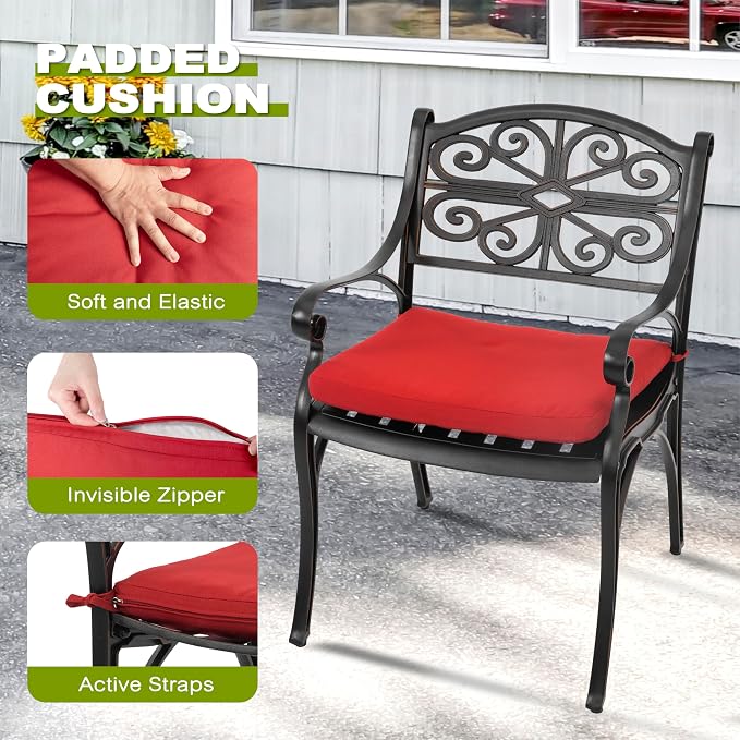NUU GARDEN 5 Piece Outdoor Patio Dining Set, 42" Cast Aluminum, Round Patio Dining Table with 2.24" Umbrella Hole and Patio Dining Chairs with Cushions for Garden, Balcony, Bronze and Red - Image 4
