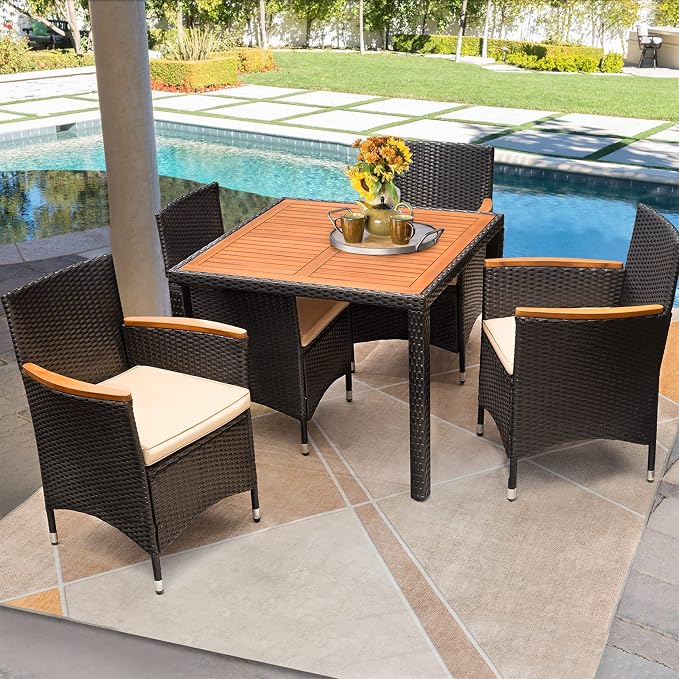 Flamaker 5 Piece Patio Dining Set Outdoor Acacia Wood Table and Chairs with Soft Cushions Wicker Patio Furniture for Deck, Backyard, Garden - Image 6