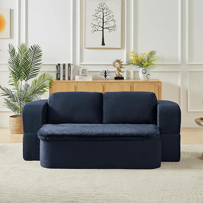 KEIKI 74.8'' Convertible Sleeper Sofa Bed, Modern Folding Futon Couch with Cushion Blanket, Floor Foam Compression Sofa Bed Couch for Living Room, Bedroom, Apartment, No Assembly Required, Dark Blue