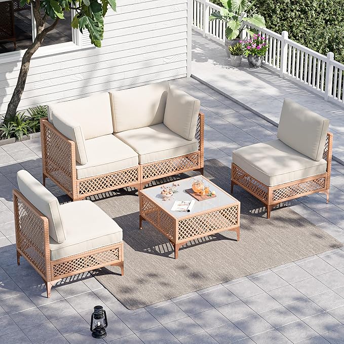 Vikiullf Patio Conversation Set, 5 Piece Outdoor Sectional Sofa Set with Coffee Table, Wicker Bistro Set with Thick Cushions, for Garden, Backyard, Poolside (Beige)