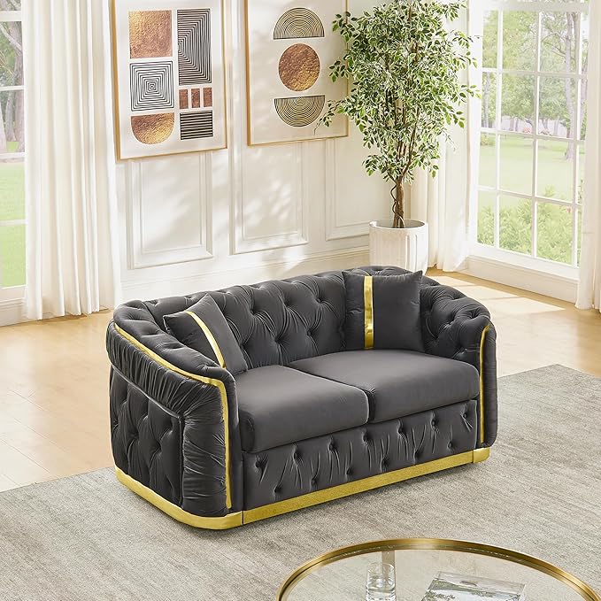 KEIKI 63" Luxury Oversized Velvet Chesterfield Sofa with 2 Pillow & Gold Stainless Decoration, Italian Modern Style 2-Seater Button Tufted Couch with Rolled Arms, Easy Assembly, for Living Room, Gray