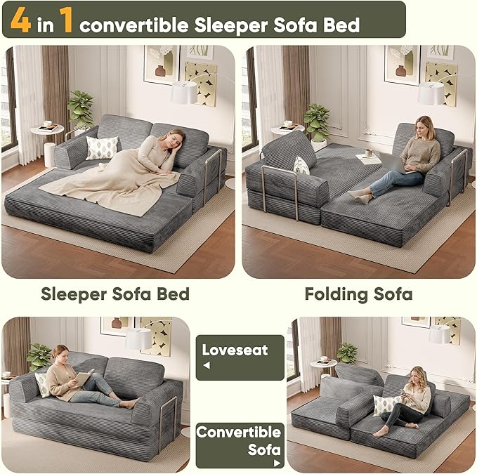 Homall 4-in-1 Convertible Sofa Bed, Oversized Boneless Couch with 4 Frame Kits and Removable Armrests, Corduroy Sleeper Sofa with 2 Pillows for Small Space, No Assembly Required (Gray)