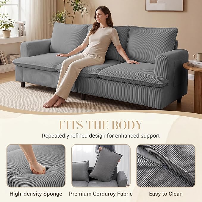 3 Seater Couch, 83" Comfy Corduroy Sofa with Deep Seat, Modern Sofa Couch for Living Room, Office, Bedroom, Apartment (Pillows not Included)