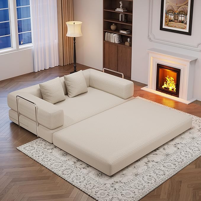 4-in-1 Foldable Sofa Bed Teddy Fabric Foam-Filled Compressed Couch, Beds Queen Size Convertible Sofa Couch Loveseat , Boneless Folding Sleeper for Living Room, Guest Bed, Playroom (Beige, 59” 2 Seat)