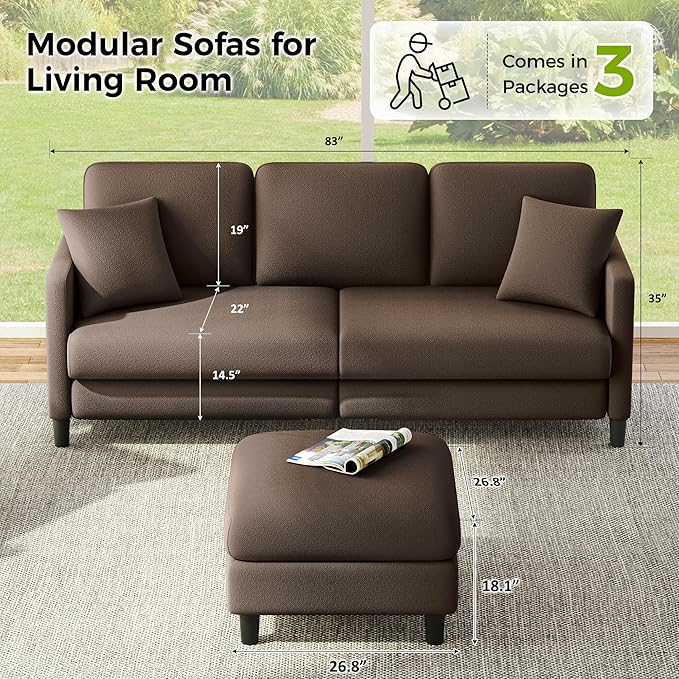 83" Couches for Living Room, Comfy Sofas for Living Room with Storage Ottoman, Teddy Sofa Couch, Tool-Free Loveseat Sofa, All-Wood Love Seat Couches, L Shaped Couch 2 Pillow Included, Khaki