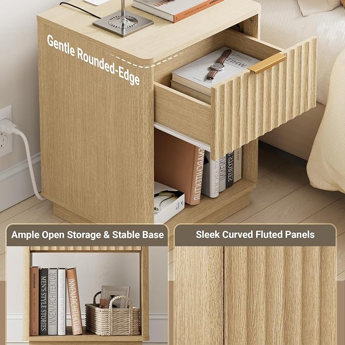 Fluted Nightstand, 23" Wide Night Stand, Large Modern Nightstand with Charging Station, Wooden End Table with Drawer, Bedside Table for Bedroom Sofa Home Office, Curved Corners, Natural Oak - Image 4