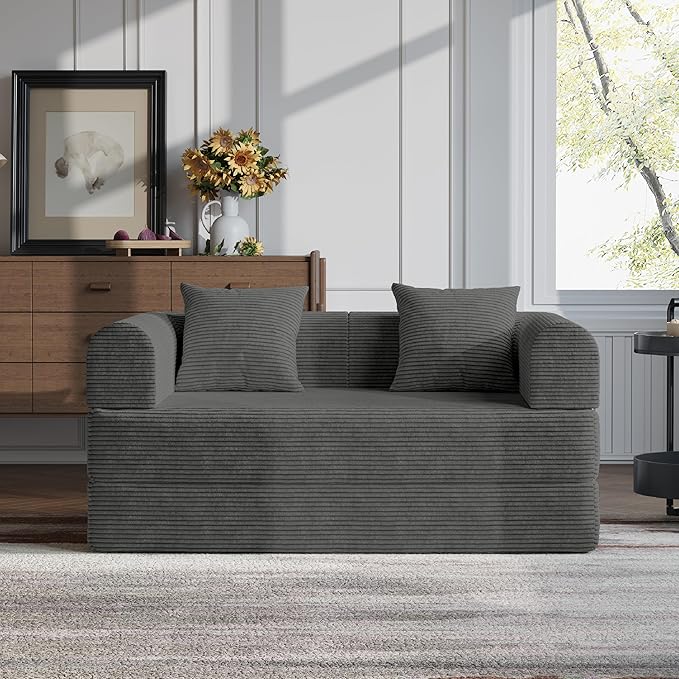 HouseMila 59" Boneless Couch,4-in-1 Futon Sofa Bed Modular Loveseat Sleeper Folding Compressed Couch with Pillows,No Assembly Required Convertible Sofa Bed for Living Room Bedroom Guest Room,Grey