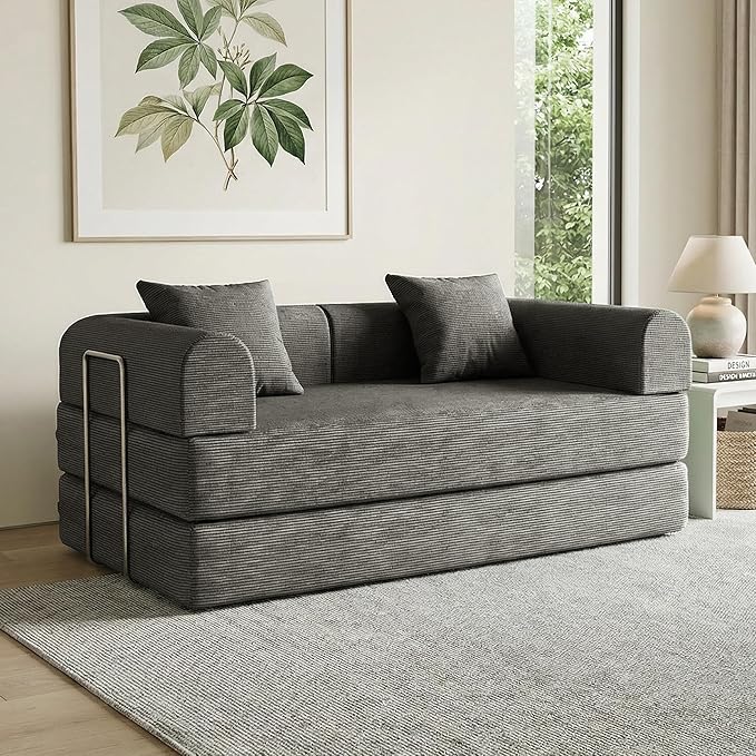 59'' Convertible Compressed Corduroy Folding Sofa Bed, Modern Boneless Pull Out Loveseat Sleeper in a Box, 4 in 1 Floor Mattress Futon Cloud Couch for Home, No Assembly Needed, Grey, 2 Pillows, Queen