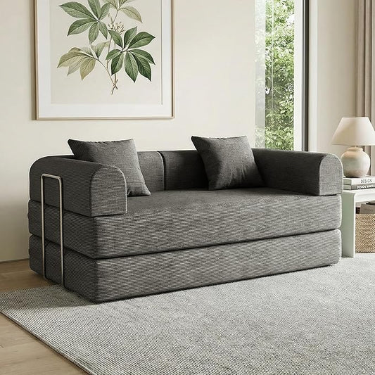 59'' Convertible Compressed Corduroy Folding Sofa Bed, Modern Boneless Pull Out Loveseat Sleeper in a Box, 4 in 1 Floor Mattress Futon Cloud Couch for Home, No Assembly Needed, Grey, 2 Pillows, Queen