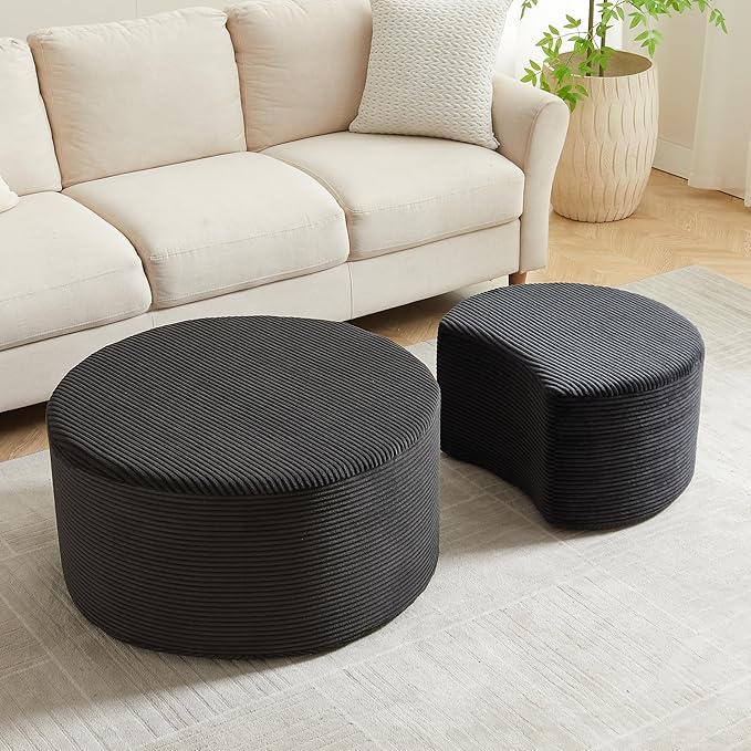 kevinplus 49.7'' Foam Round Nesting Coffee Table Set of 2, Modern Upholstered Side End Table Ottoman Footrest, No Assembly, Black