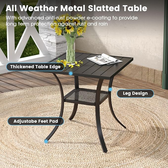 DIFY 3-Piece Outdoor Patio Bistro Dining Set, Grey Small Square Dining Table & 2 Grey Stackable Metal Chairs with Breathable Fabric, Outdoor Furniture Set for Balcony, Porch, and Deck - Image 4